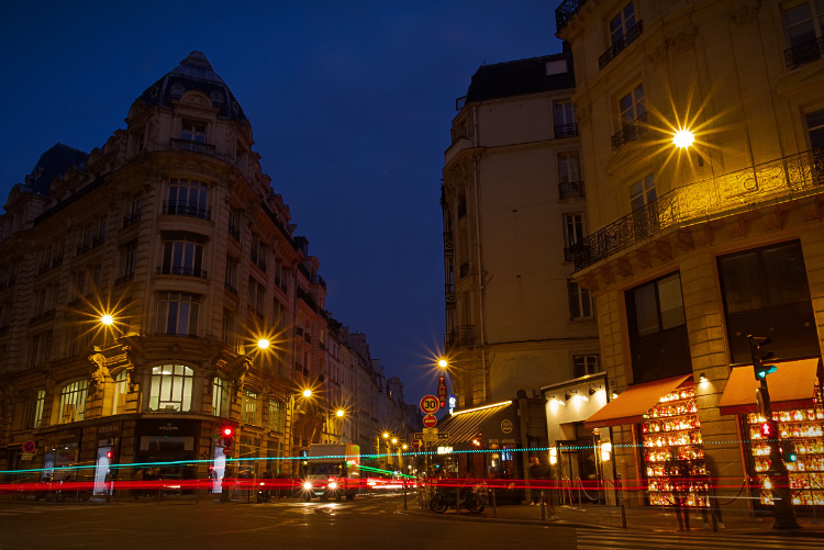 Photo of a Paris street scene with light trails as processed with Afinity photo editing software