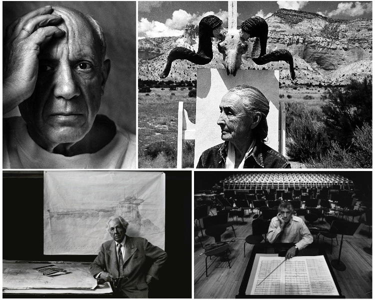 collage of portrait photos taken by Arnold Newman including Pablo Picasso, Georgia O'Keefe, Frank Lloyd Wright and Leonard Bernstein