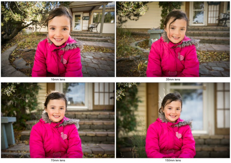 4 photos comparing camera lenses from 16mm wide angle through 150mm telephoto lens