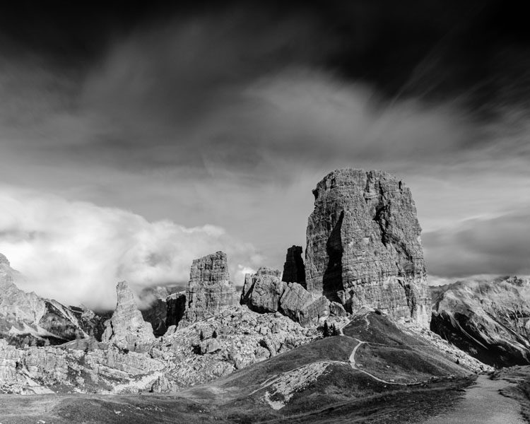Cinque Torri mountains in Black and White