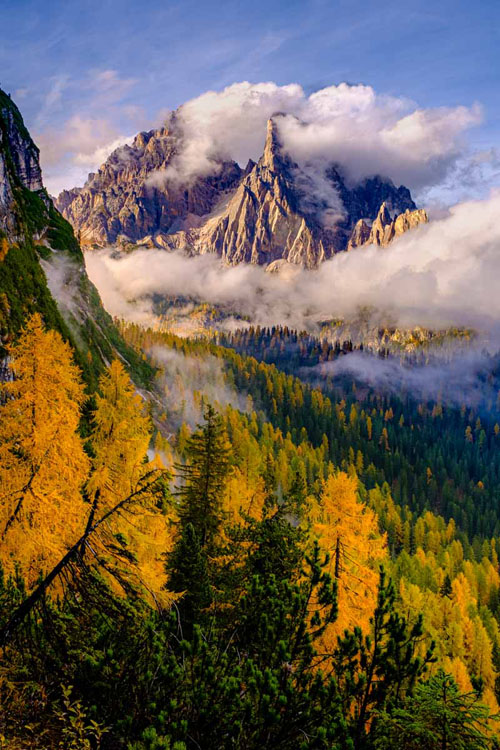 Cristallo mountains with stunning fall colors in the foreground