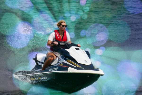 woman on seadoo after bokeh overlay applied