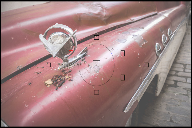 viewfinder overlay showing what the single point focus would look like to the photographer in camera