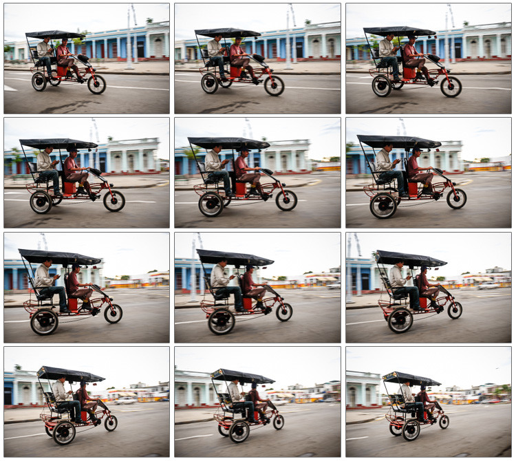 a series of shots of a bicycle taxi in Cuba captured with continuous or high speed burst drive mode