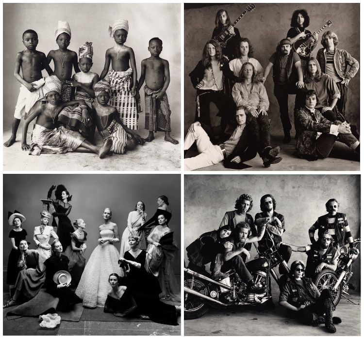 collage of historical group portrait photos including fashion models, bikers, musicians and young indigenous tribe members positioned in the same manner