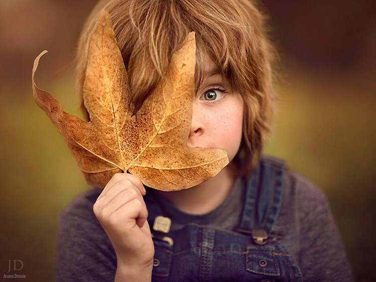 color photo of a child and a big leaf