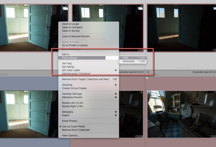 Lightroom Classic right-click menu showing Photo Merge > HDR option