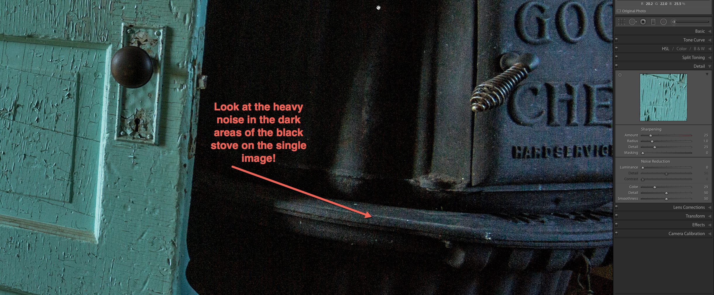 Noise in single RAW file at 100% zoom 100% zoom view showing noise in single RAW file processed in Lightroom