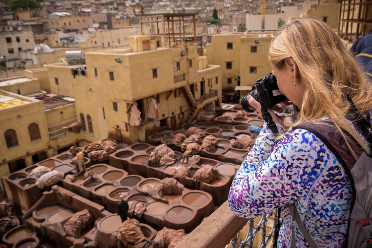 Photographer shooting in the tanning and dyeing area of Morocco