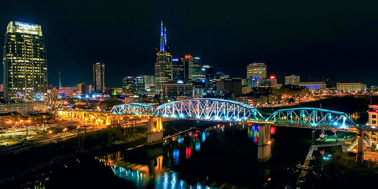 a night photo of Nashville Tennessee with camera settings Shutter Speed: .5 seconds; Aperture: f/5.6; ISO 310.