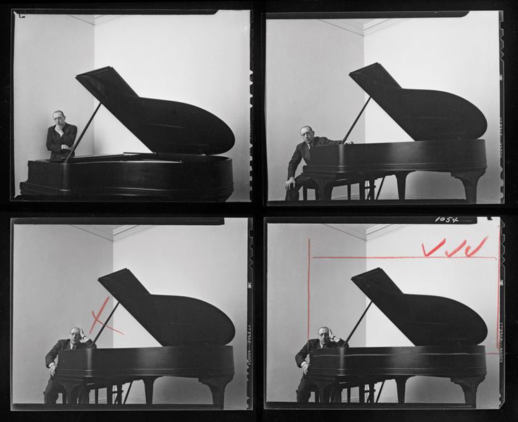 a contact sheet showing Arnold Newman's portrait photos of composer Igor Stravinsky showing how he wanted to crop the final photo
