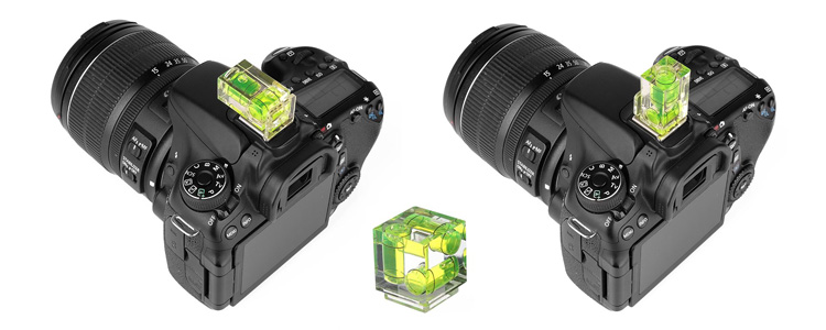 photography accessory bubble level mounted on the camera hotshoe, shown vertically and horizontally positions