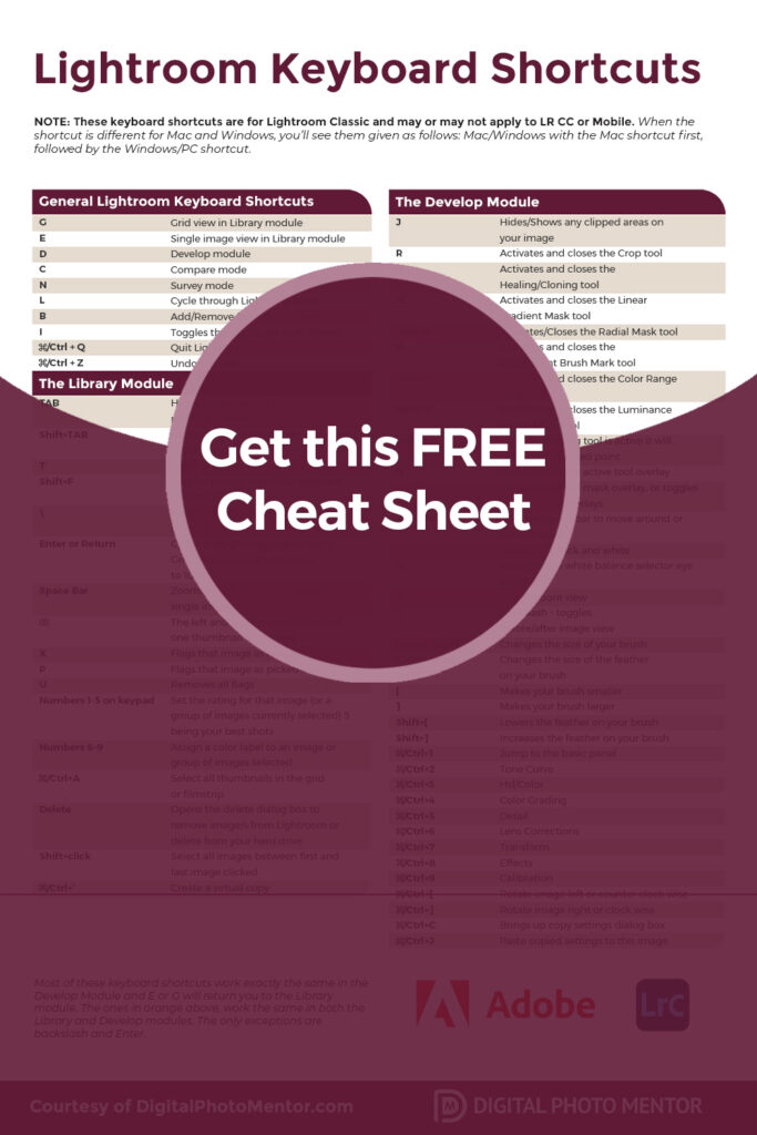 free photography cheat sheet lightroom keyboard shortcuts