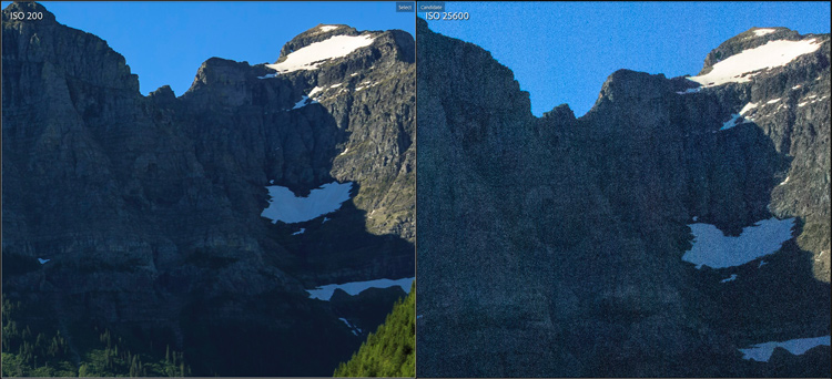 side by side example of 200 iso vs 26,000 iso zoomed in to 200 percent