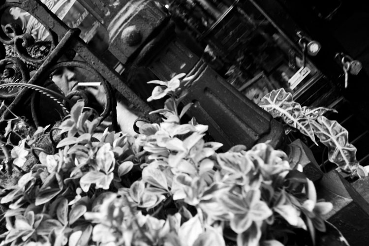 street photography photo of flowers and woman smoking