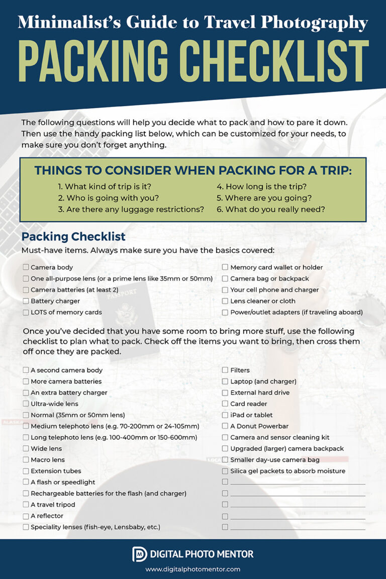 The minimalist guide to travel photography packing list with 6 things to consider to help you decide what to pack. Checklist for printing