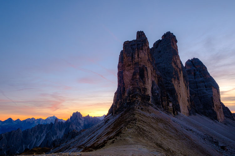 Tre Cime mountain of the Dolomites at sunset