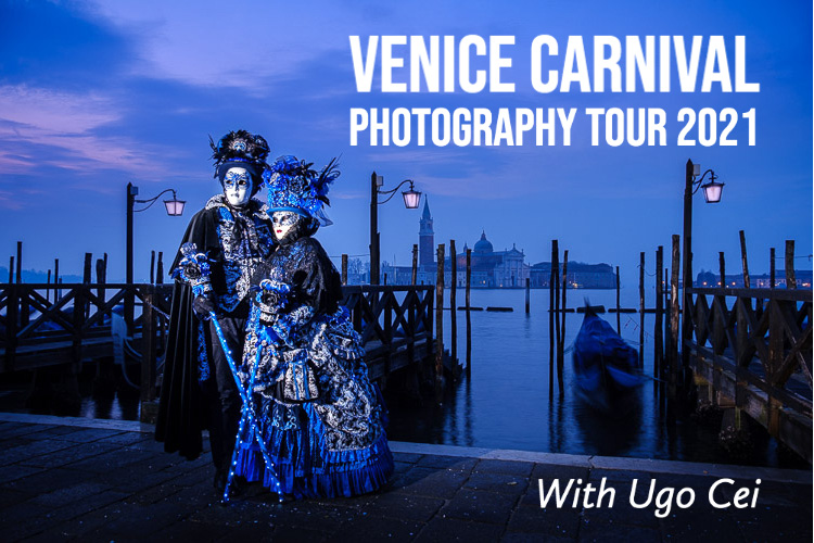 venice carnival photography tour banner showing costumed couple at blue hour in St Marks Square