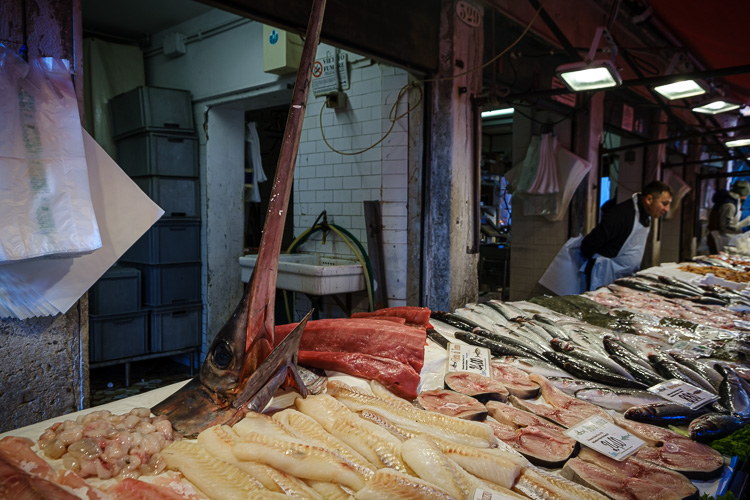 fish and other seafood for sale on display at the market in Venice