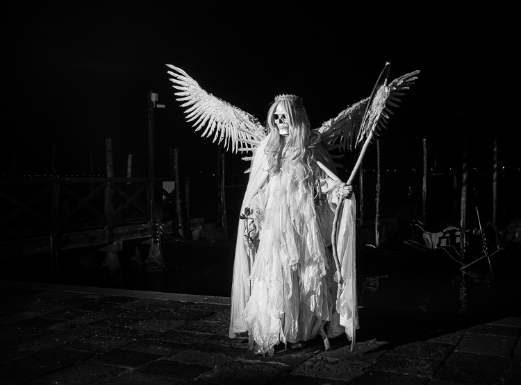 black and white conversion of angle of death costume lit with off camera flash