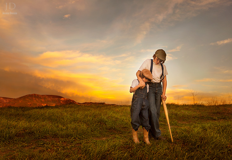 family photos idea of a vintage baseball scene.  Two kids with a baseball bat and old hats makes for a nice family portrait