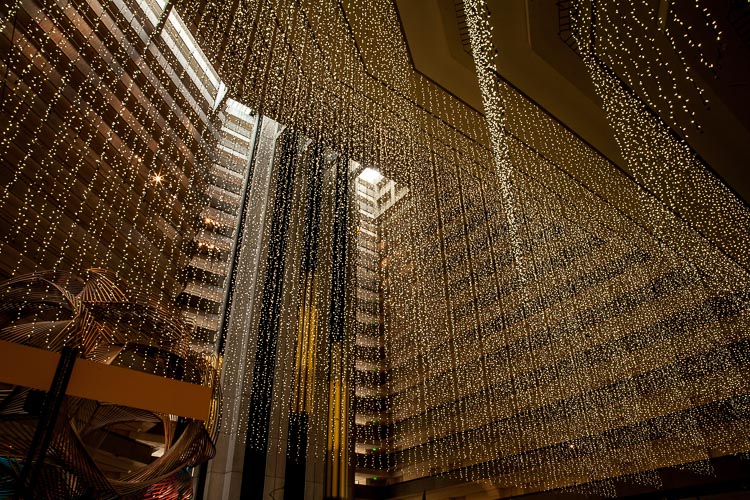 Hanging lights and sculpture in a hotel lobby - this is the "normal" shot.