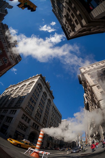 Wide angle lenses distort perspective as seen here on the street corner shooting towards the sky