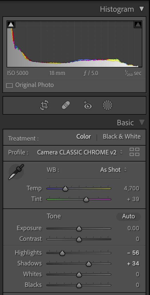 Screenshot of Lightroom settings used to adjust photo