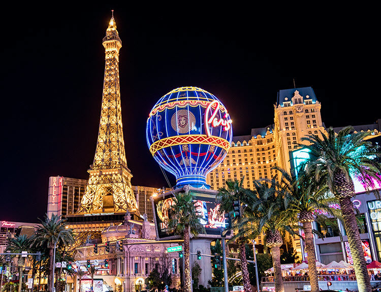 Las Vegas strip at night with exposure of 1/8 second, f/4, ISO 800.