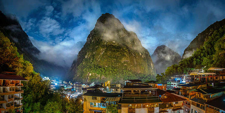 Night photo of Aguas Calientes, Peru with exposure settings of 20 seconds, f/5.6, ISO 400.