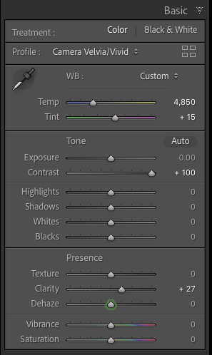 Lightroom contrast and clarity settings panel settings used in street photos above
