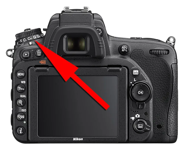 Nikon drive modes are on the camera dial