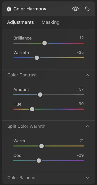 screenshot of Luminar Neo color harmony tool panel