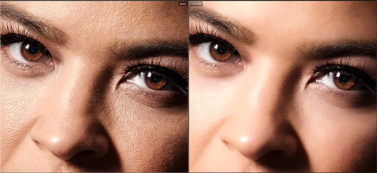 Close up photo of a portrait subject eyes before softening and after the skin in post processing