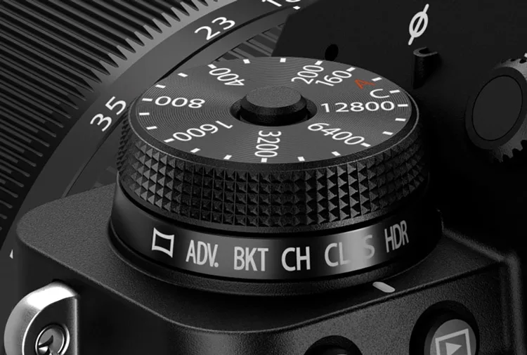 Close up of the Fuji dial showing drive modes